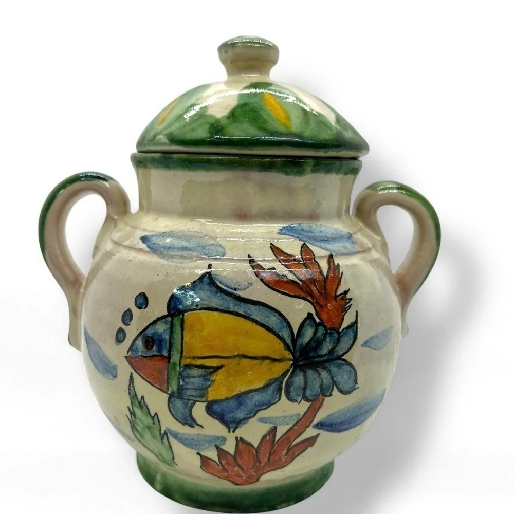 Vtg Mexican Pottery Sugar Bowl w/lid Hand Painted Fish  Glazed, Artist Signed